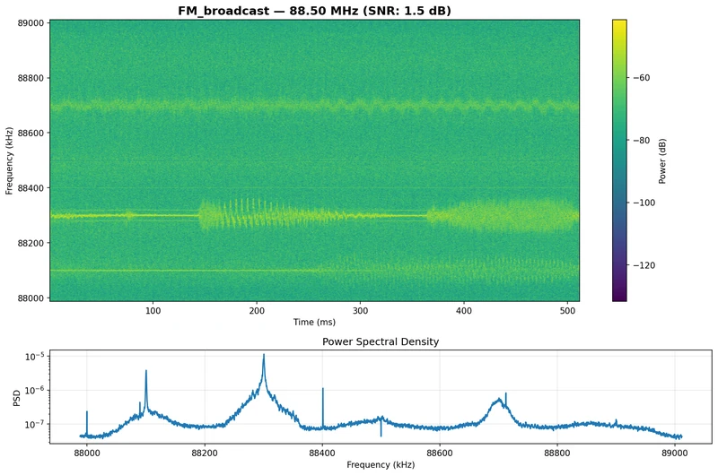 FM broadcast spectrogram and power spectral density from the RTL-ML article