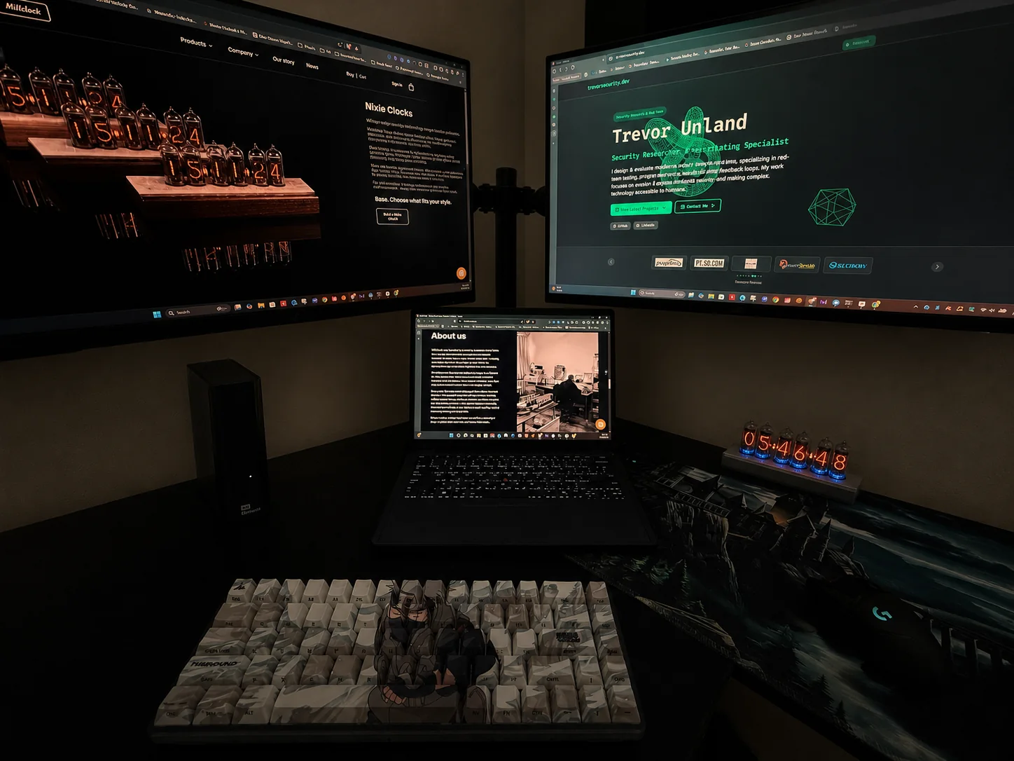 Cyberpunk-noir nighttime workstation with Millclock IN-14 glowing beside the monitor