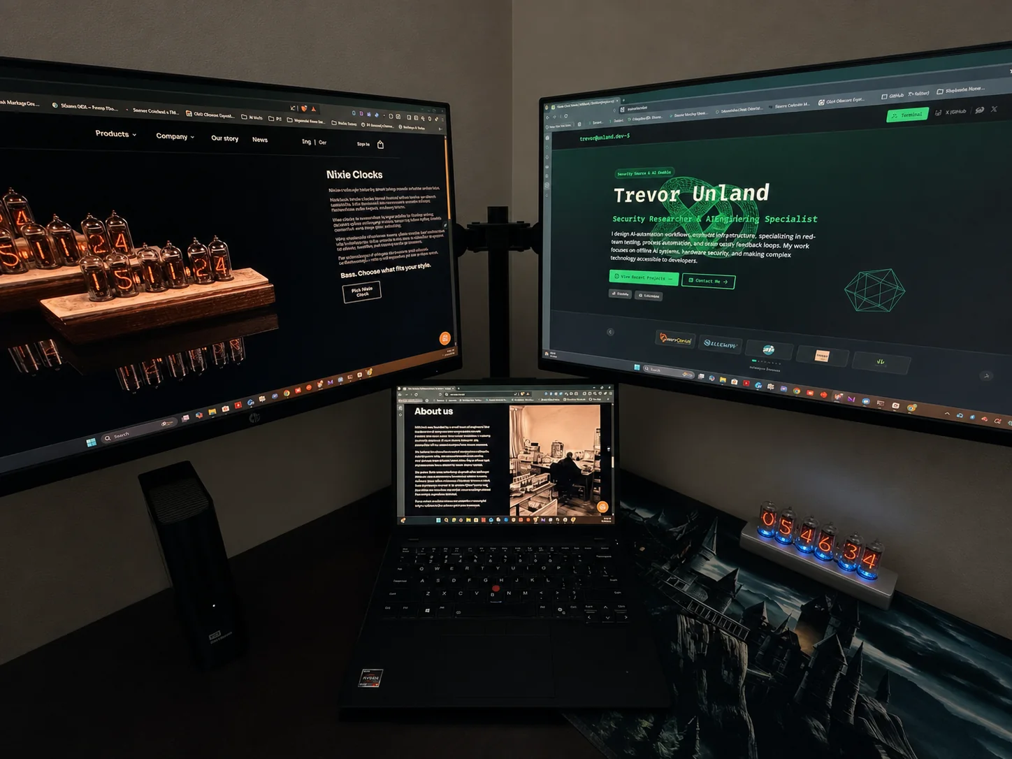 Millclock IN-14 Nixie clock in Trevor Unland's multi-monitor security research workstation