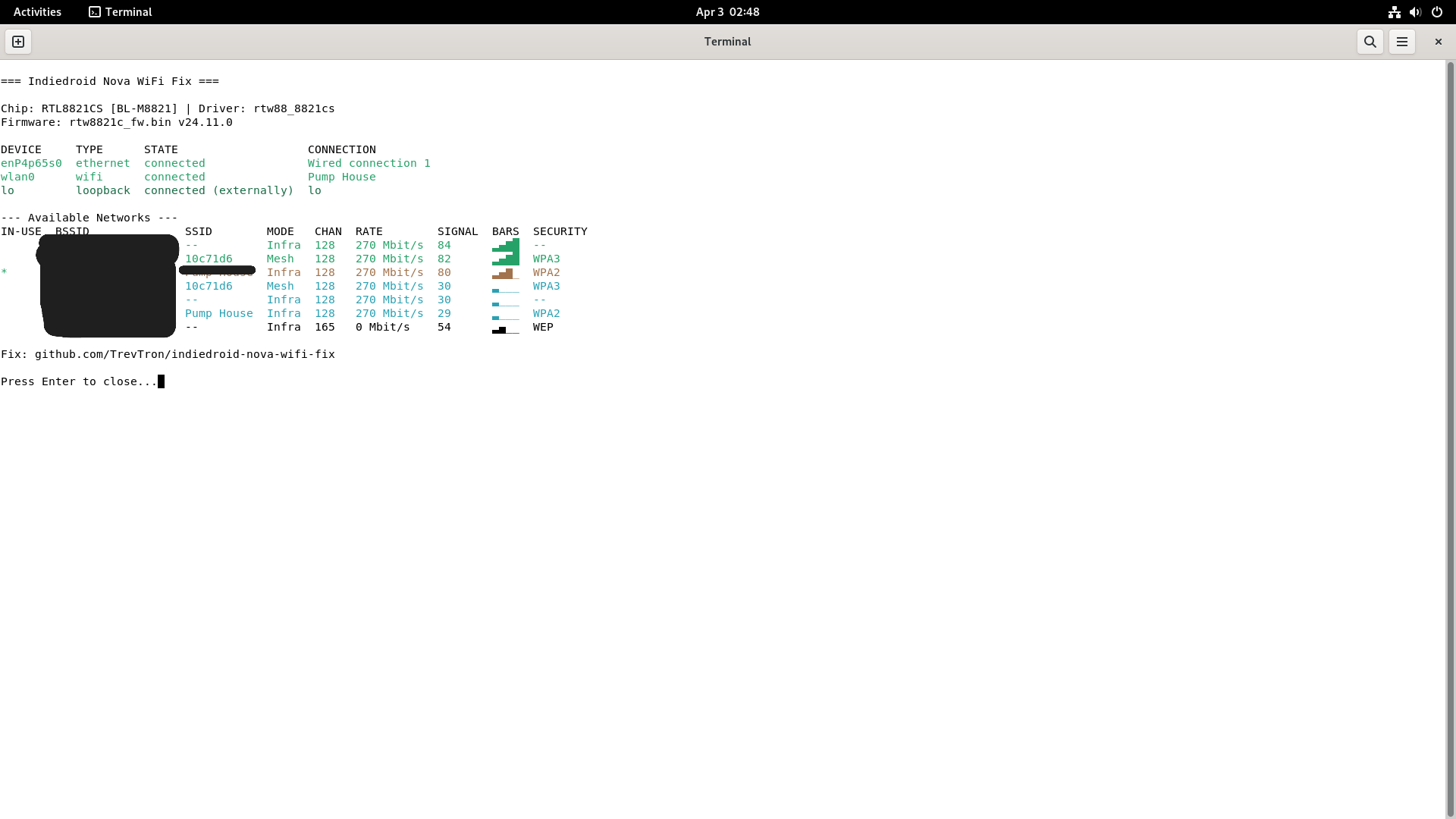 Indiedroid Nova terminal showing wlan0 connected after the RTL8821CS repair