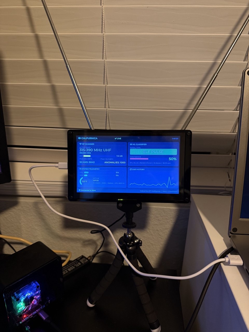 Cyberdeck hardware stack showing cables, tripod mount, CrowPanel, and SDR antenna